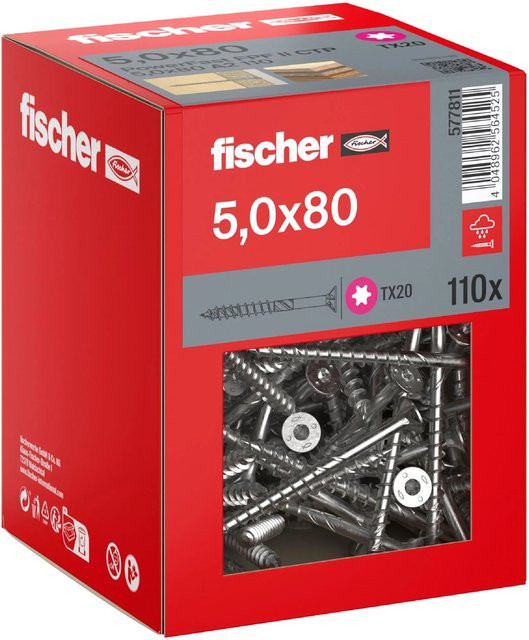 Fischer PowerFast II A2 Senkkopf TX Teilgewinde Schraube aus Edelstahl in Silber, Durchmesser: 5 mm, Länge: 80 mm, 110 Stück - Bild 1