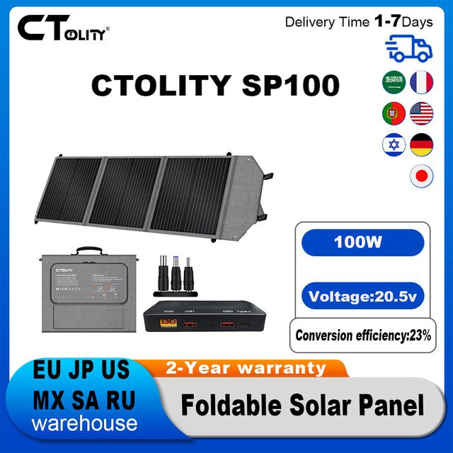 CTOLITY SP100 Faltbares Solarpanel 100W mit 20,5V, PWM-Batterieladung, QC3.0 und PD45W Schnellladung, 23% Effizienz, für RV mit PV-Anschluss, XT60 und 5525 Anschlüssen - Bild 1