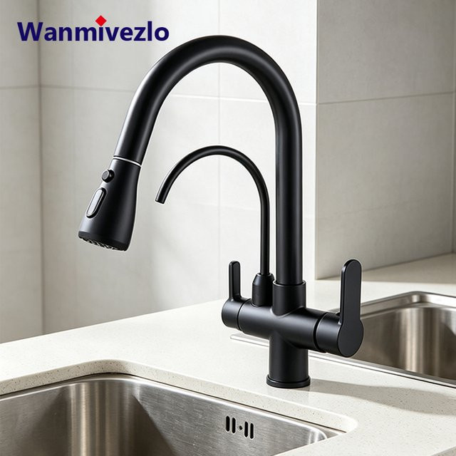 Wanmivezlo Küchenarmatur aus Edelstahl mit Ausziehbrause und Trinkwasserauslass für Wasserfilter, Matt Schwarz - Bild 1