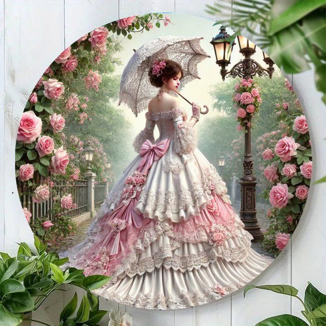 Potdemiel Aluminium-Wandkunst Viktorianische Dame in Weiß und Rosa, Rund, Durchmesser: 19,81 cm - Bild 1