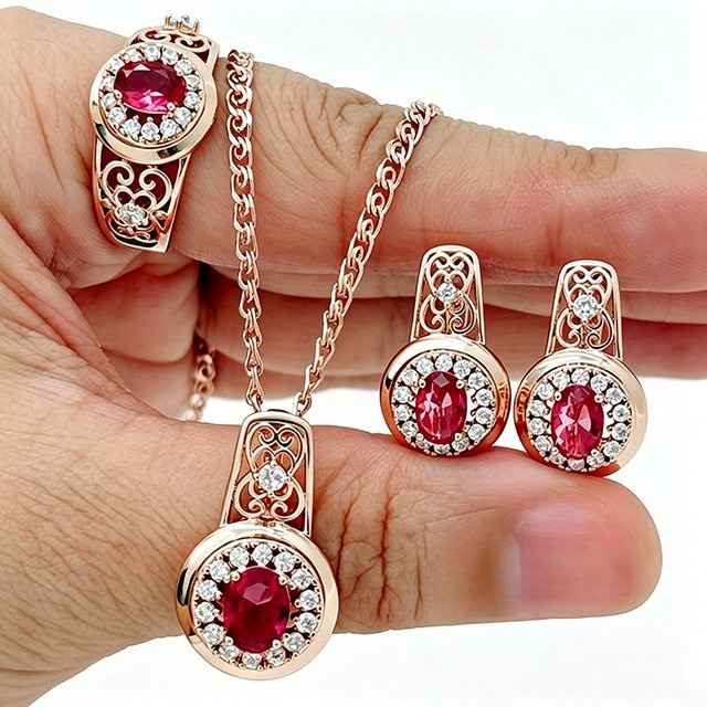 Kinel Schmuck-Set, 585 Roségold, Zirkonia, Damen, Vintage, Hochzeit - Bild 1