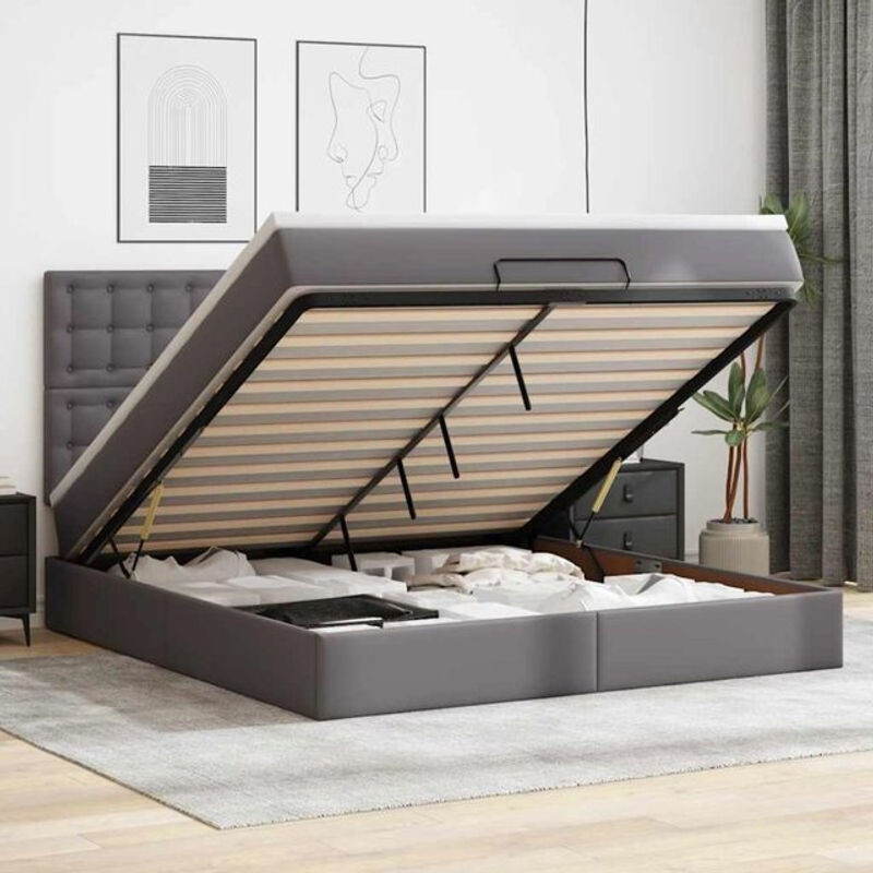 Vidaxl Ottoman Polsterbett mit Matratze und LED in Grau aus Kunstleder B/T/H: 180 x 200 x 118 cm - Bild 1