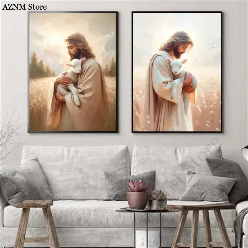 Potdemiel Christliche Leinwand Wandkunst mit Jesus, Lamm und Engeln für Wohnzimmer Dekor, Mehrfarbig - Bild 2