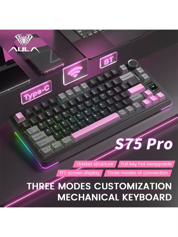 AULA S75Pro Gaming Mechanische Tastatur mit PBT-Tastenkappen, Hot-Swappable, RGB-Hintergrundbeleuchtung, 4000mAh Akku und LED-Bildschirm-Drehregler in Schwarz, Grau oder Pink - Bild 2