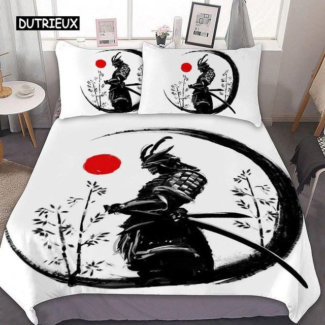 Samurai Bettwäsche-Set mit Japanischem Sonnenuntergang und Silhouette, 3-teilig, B/H: 150 x 200 cm - Bild 1