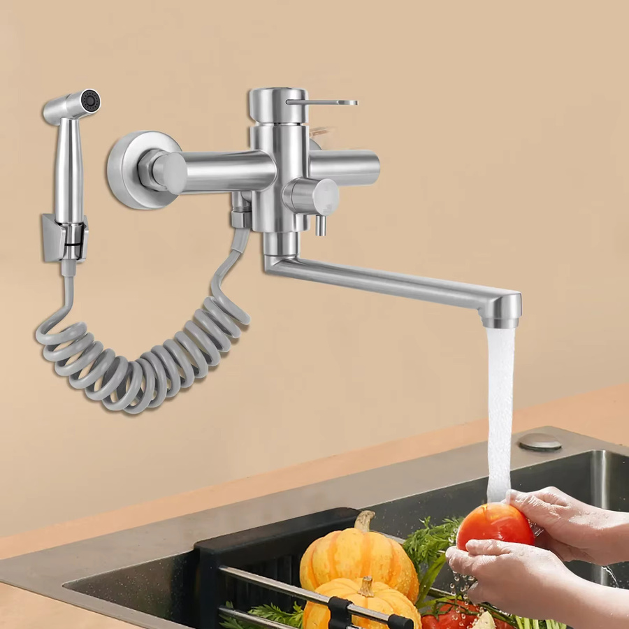 Wandmontierte Küchenarmatur Aohuada mit Spritzpistole und 360 Grad schwenkbarem Auslauf, Kalt- und Warm-Einhebelmischer in gebürstetem Nickel/Silber - Bild 1