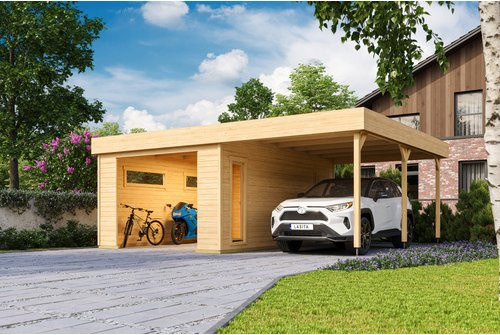 Blockgarage Lasita Maja Bahamas aus Holz in Braun-beige Natur mit Stufendach, B: 820 cm, T: 560 cm, H: 251 cm - Bild 1