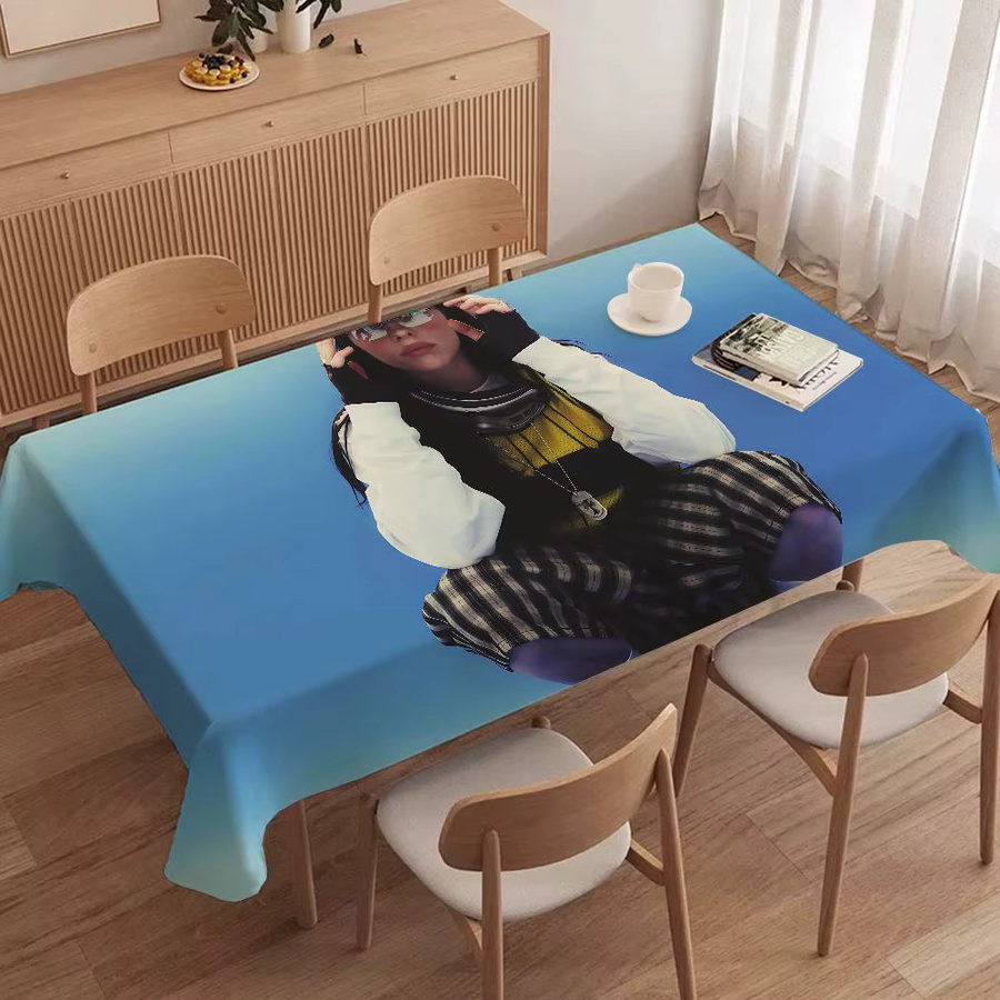 B-Billie E-Eilish Wasserabweisende Tischdecke aus Leinen in Blau, Rechteckig mit Grafikdesign für Hochzeit und Heimdekoration - Bild 5