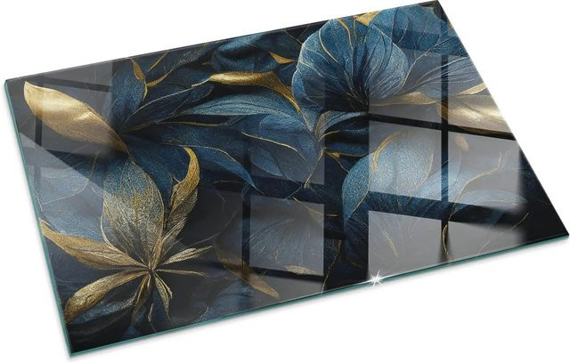 Tulup Glasplatte für Kamin mit Blätter-Textur in Marine Blau, B: 100 cm, H: 70 cm - Bild 1