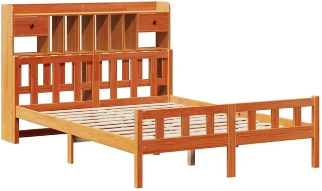 vidaXL Massivholzbett aus Kiefernholz mit Regal in Braun, Rustikaler Stil, B/T/H: 160 x 200 cm (ohne Matratze) - Bild 1