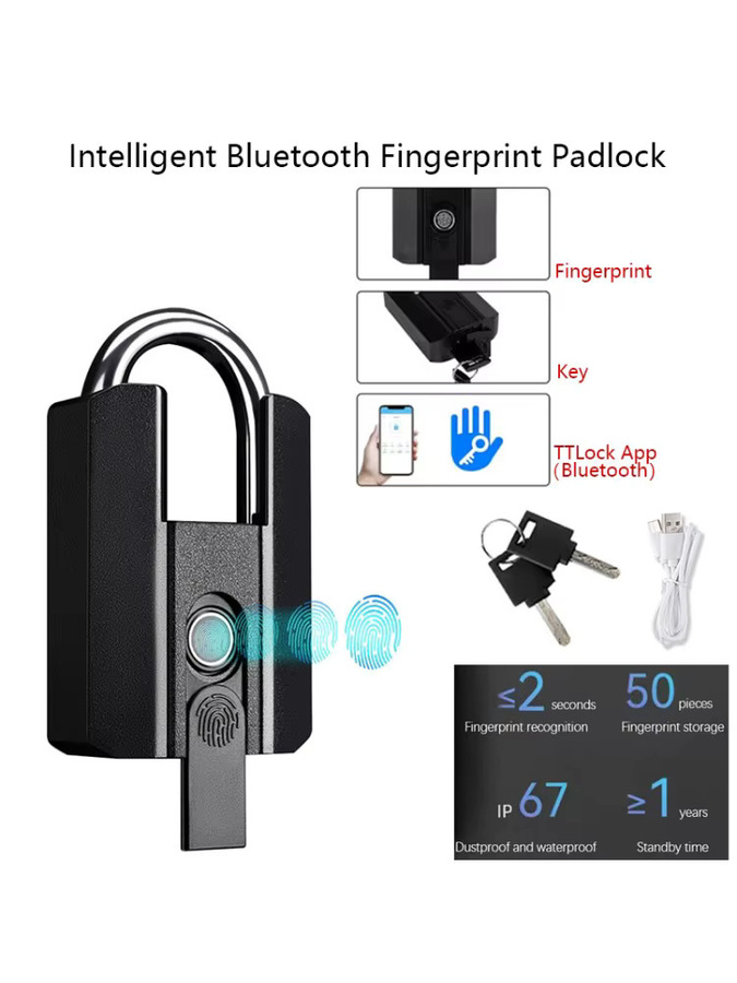 luxuglow Intelligentes Bluetooth-Fingerabdruck-Vorhängeschloss mit TTLock App-Steuerung und Schlüssel, Farbe: Schwarz - Bild 5
