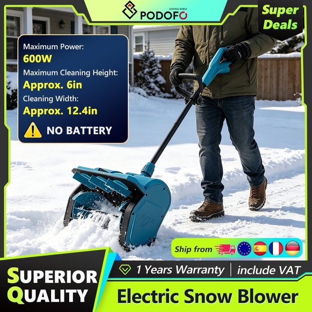 Podofo Elektrischer Schneepflug 600W, Faltbarer Kabelloser Schneeräumer mit Bürste in Blau - Bild 1