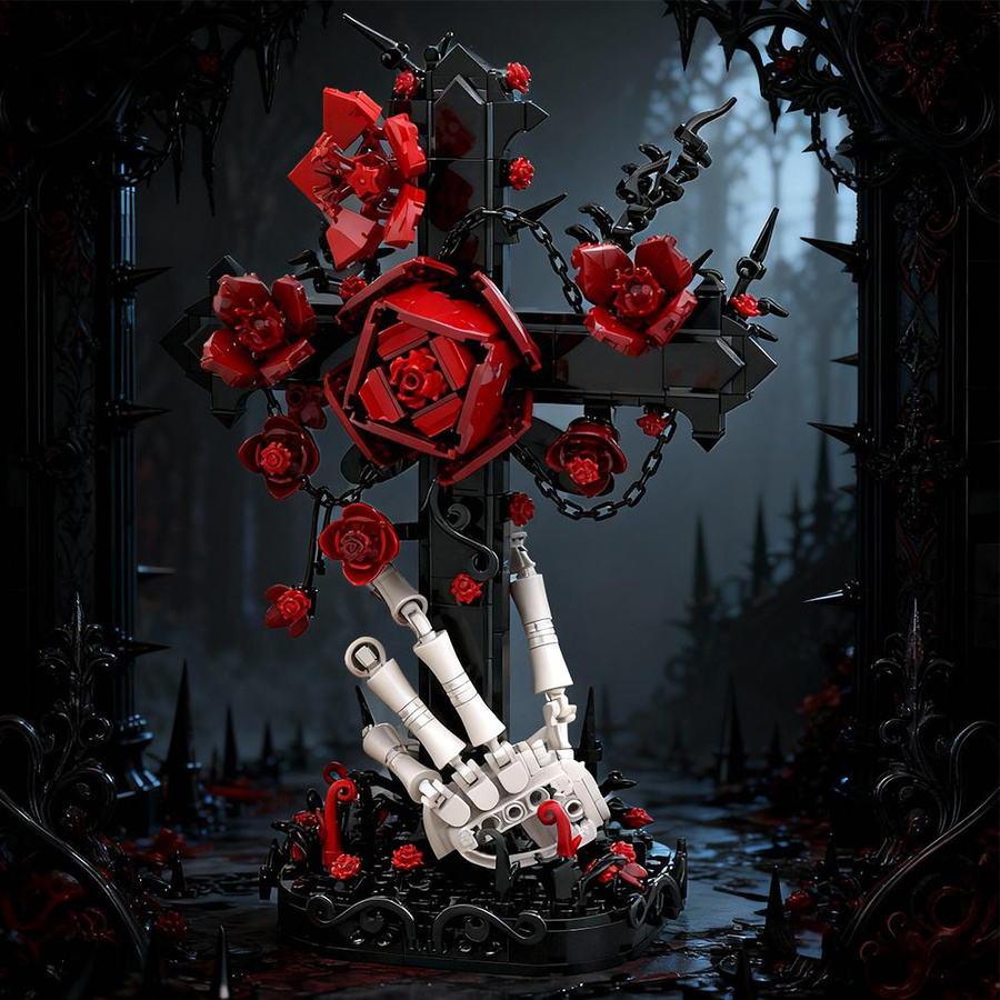 Gobricks MOC Gotische Totenkopf-Kreuz Schwarze Rose Bausteine - Bild 2