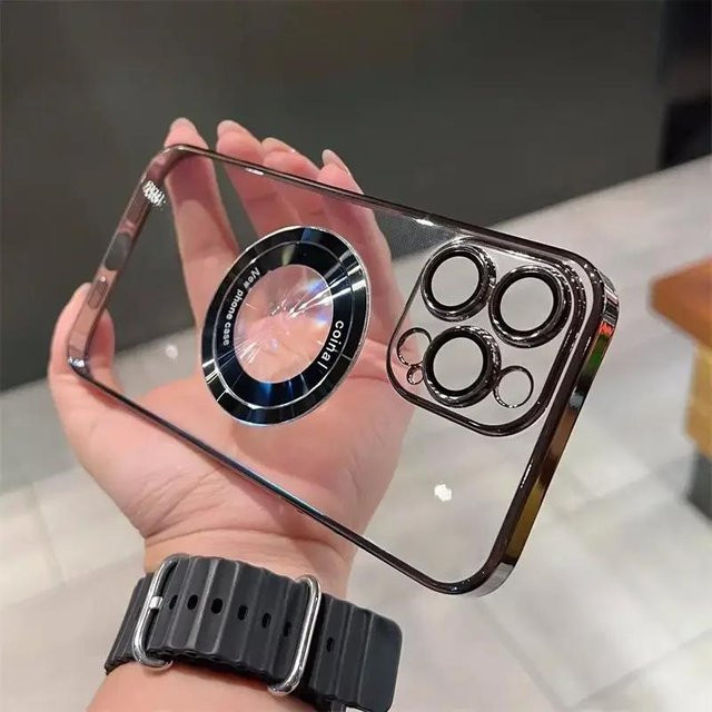 Yiran Schutzhülle für iPhone 11 bis 16 Pro Max Plus mit Magnetfenster und kabellosem Laden, Farbe: Braun/Transparent - Bild 1