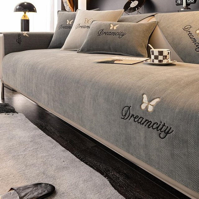 Moderner Chenille-Sofabezug mit Schmetterlings-Stickerei in Grau, rutschfeste Couch-Matte aus Polyester, Breite: 70 cm - Bild 1