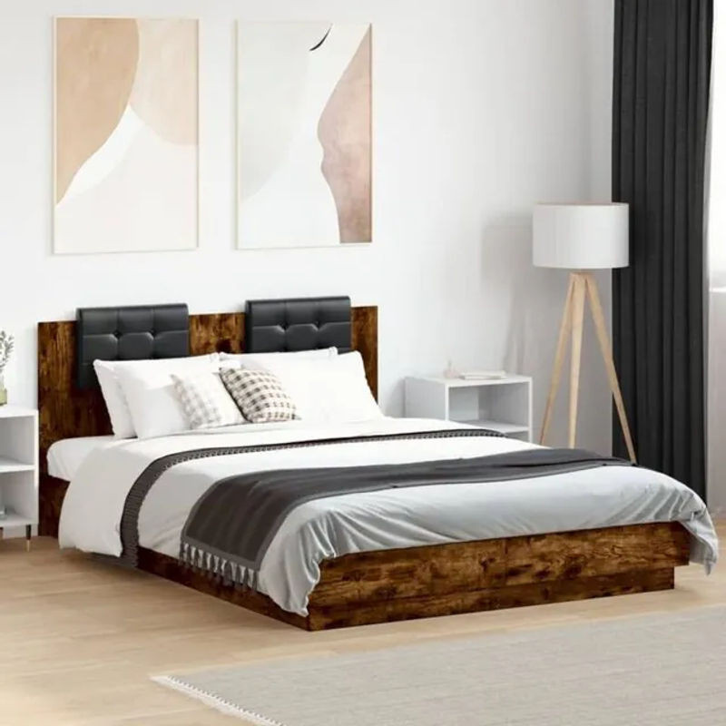 Bettgestell mit Kopfteil und LED-Leuchten von vidaxl in Räuchereiche Braun, B/T/H: 140 x 200 x 84 cm - Bild 1