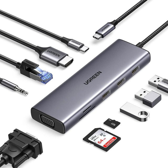 UGREEN 10-in-1 USB-C Hub Dockingstation CM498, Grau, mit HDMI 4K UHD, VGA, RJ45, USB-A 3.0, SD/microSD und Audio-Jack - Bild 1