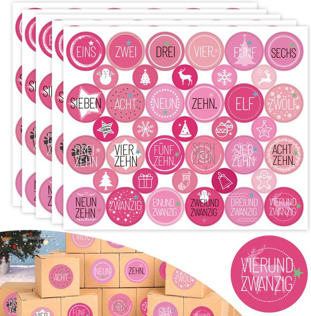 195 Stück Weihnachts-Countdown-Kalenderaufkleber in Rosa, 5 Blätter mit jeweils 24 Motiven - Bild 1