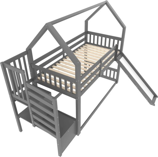 okwish Kinderetagenbett im Hüttenstil mit Rutsche und Stauraumtreppe, Grau, B/T/H: 90 x 200 x 175,5 cm - Bild 1
