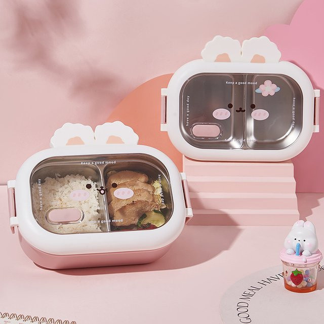 JUSTINLAU Edelstahl-Bento-Box mit Kaninchen-Design in Pink, geteilte Lunchbox mit Trennfächern und Verschlussclip für Kinder und Studenten - Bild 1
