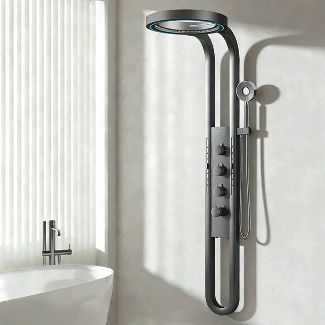 YUNMIAN Duschsystem-Set in Schwarz mit LED-Digitalanzeige, Wasserfall-Funktion und Badezimmer-Lichtpanel zur Wandmontage - Bild 1