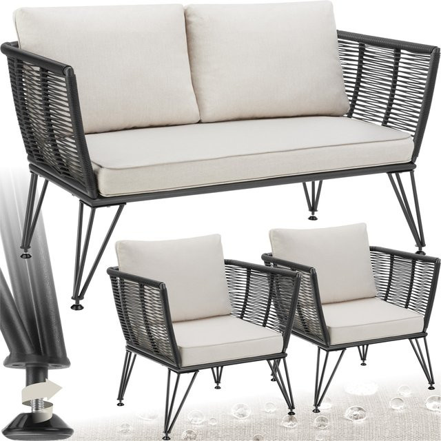 tectake Garten-Loungeset Sundo aus Polyrattan im Rope-Design in Anthrazit, B/T/H: 131 x 67 x 71 cm - Bild 1