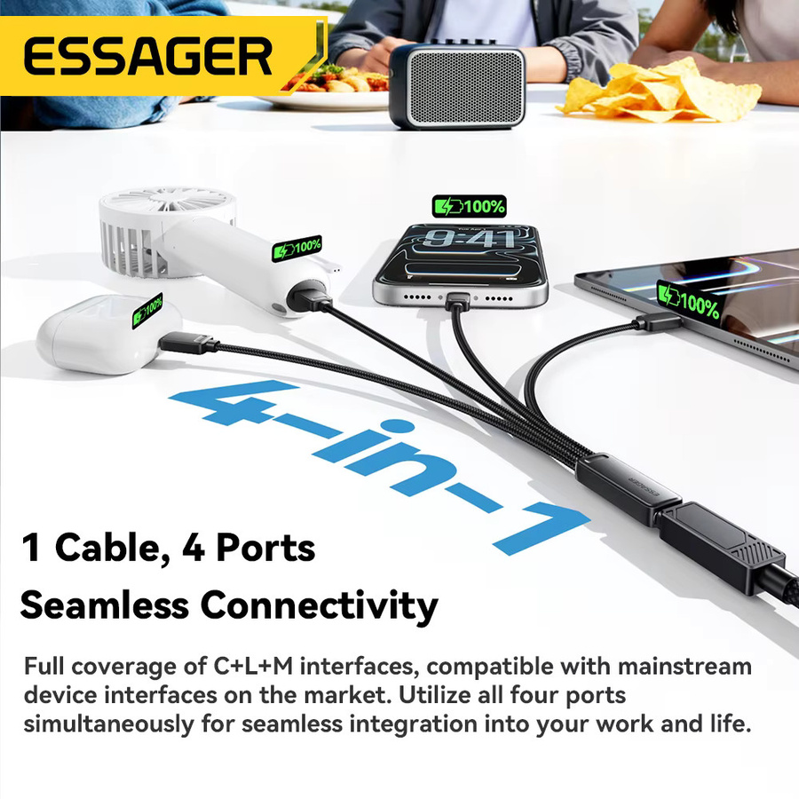 Essager 4-in-1 Schnelllade-Reisekabel in Schwarz mit USB-C-Buchse, 2 Typ-C- und Mikro-USB- sowie Lightning-Adaptern - Bild 5