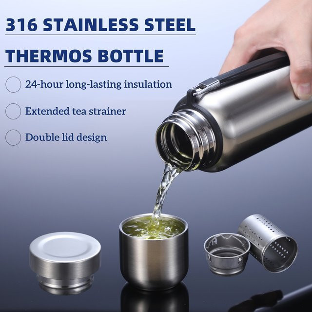 Leno Outdoor-Thermoskanne aus Edelstahl 316 in Silber, 500 ml Isolierflasche für Warm- und Kaltgetränke - Bild 1