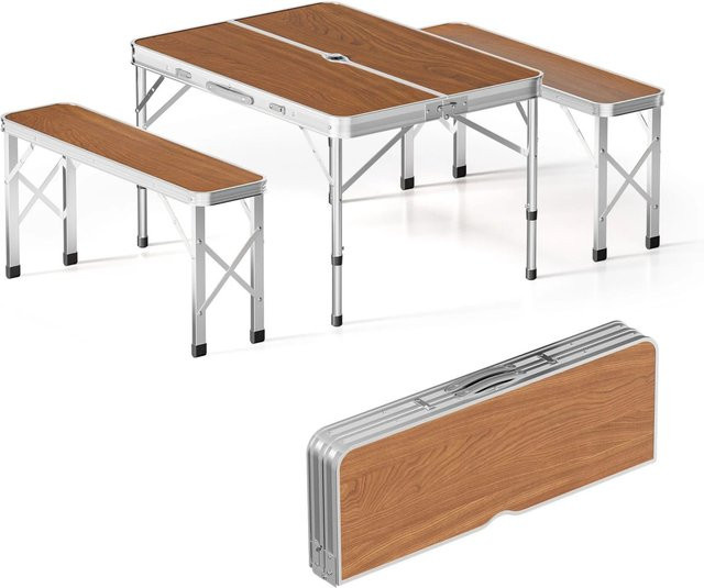 Wiltec Koffertisch mit 2 Bänken in Holzdesign aus Aluminium und MDF, Farbe Braun, B/T/H: 90 x 70 x 66 cm - Bild 1