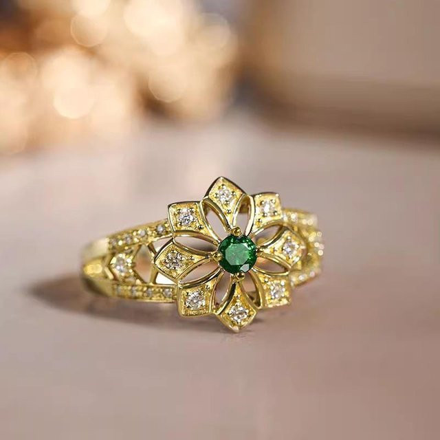 Huitan Blumenringe, Kupfer, Gold, grüner Zirkonia, Damen - Bild 1