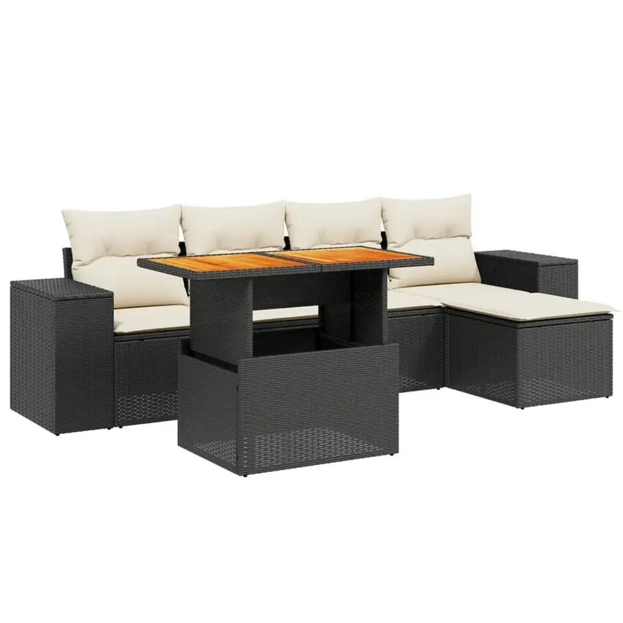 vidaXL 6-teilige Garten-Sofagarnitur aus Poly-Rattan und Akazienholz in Schwarz mit Kissen - Bild 2