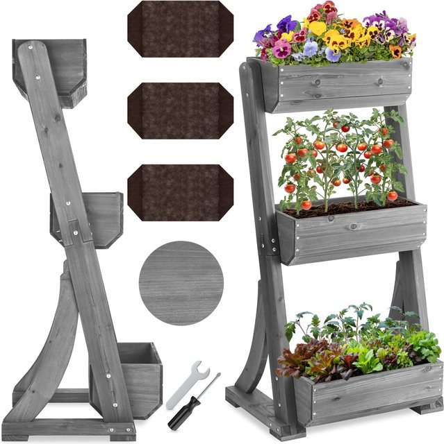 tectake Vertikalbeet Flora aus lackiertem Tannenholz in Grau mit 3 Etagen, B/T/H: 60 x 49 x 140 cm - Bild 1