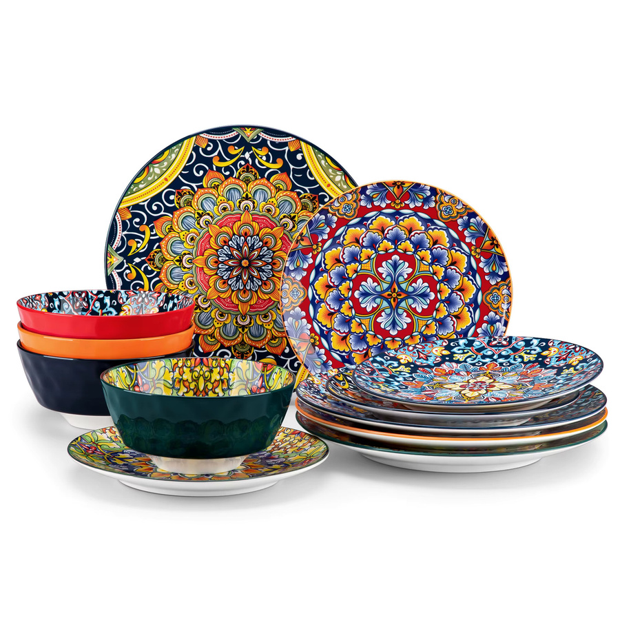 vancasso Tafelservice aus Keramik und Porzellan mit floralem Design in Orange und Multicolour, 12/24 Stück Set bestehend aus Speisetellern, Desserttellern und Schüsseln - Bild 5
