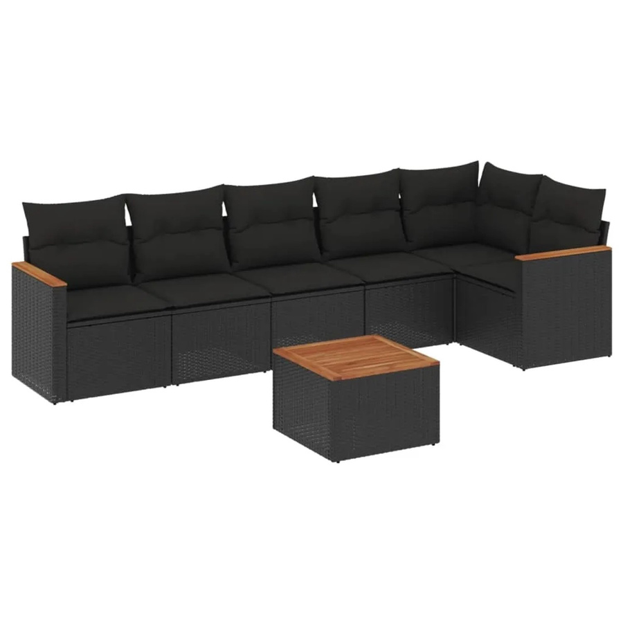 vidaXL 7-tlg Garten-Sofagarnitur aus Poly-Rattan und Akazienholz in Schwarz mit Kissen - Bild 2