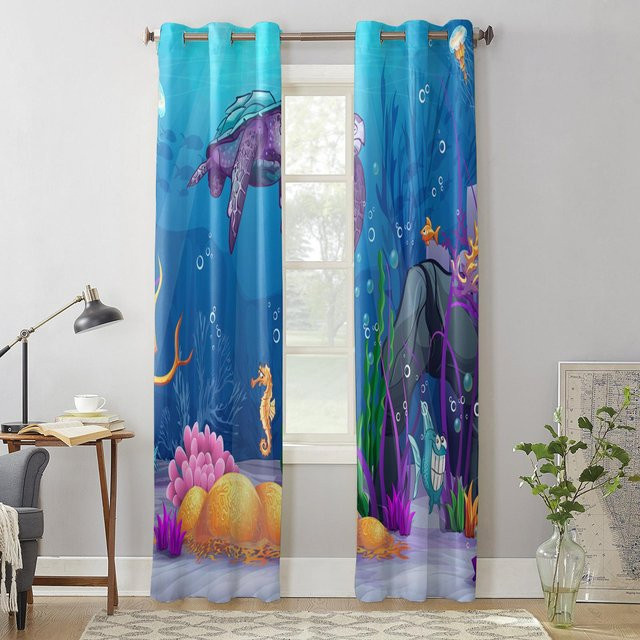 Super Six Fenster Vorhang mit Meeresschildkröte, Seepferdchen und Koralle in Blau, Breite: 135 cm, Höhe: 60 cm - Bild 1