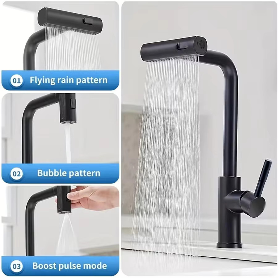 Edelstahl Küchenarmatur mit Wasserfall-Funktion und herunterziehbarem Sprühgerät in Silber - Bild 2