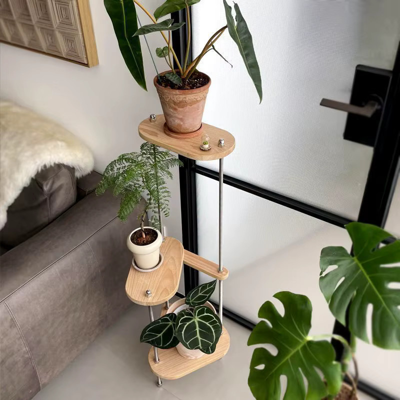 XIUWO Moderner Pflanzenständer aus massivem Holz in Braun mit geometrischem Design für Wohnzimmer und Garten - Bild 1