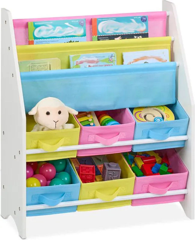 Relaxdays Kinderregal Bunt mit 6 Boxen und 2 Taschen, Spielzeugregal für das Kinderzimmer, H x B x T: 74 x 62,5 x 31 cm - Bild 1