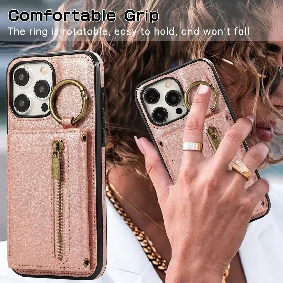 OLPAY Crossbody Brieftasche aus Leder mit Kartenhalter und Reißverschluss für iPhone in Gold - Bild 3