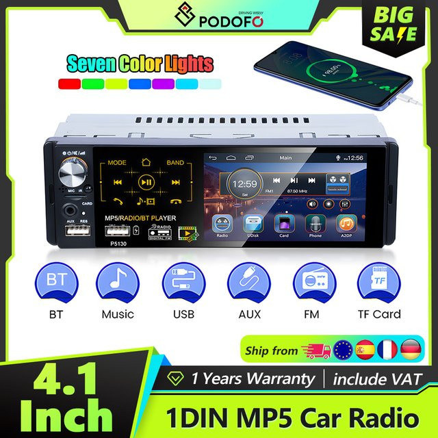 Podofo 1DIN Autoradio mit 4,1 Zoll kapazitivem Bildschirm, Bluetooth, FM/AM, USB und Fernbedienung in Schwarz - Bild 1