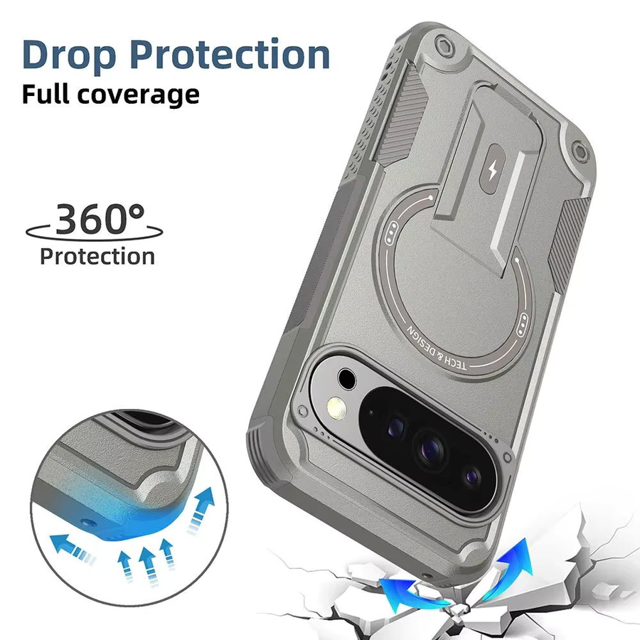 Military Armor Anti-Drop Handyhülle mit magnetischem Ständer für Google Pixel 10 Pro XL und Pixel 9 Pro XL, MagSafe Wireless Charging kompatibel, Grau - Bild 5
