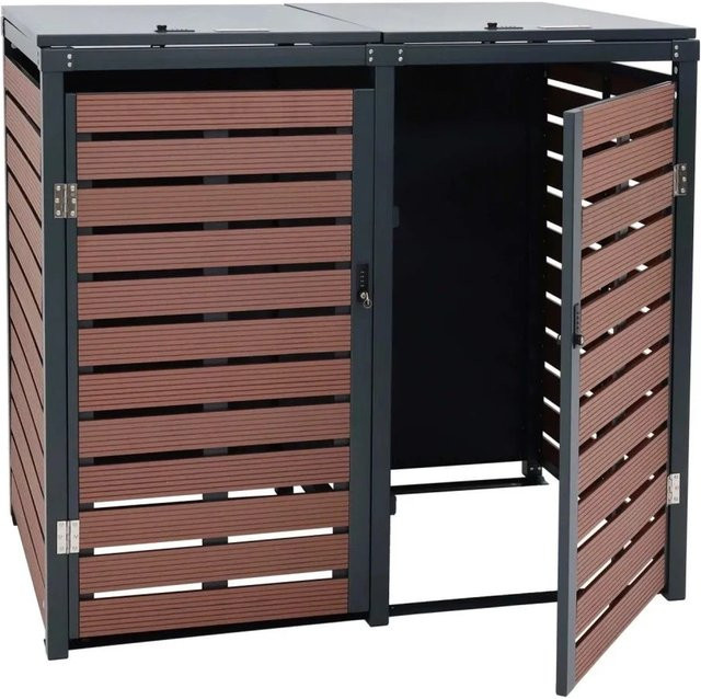 Mülltonnenverkleidung MCW-K14 für 2 Mülltonnen aus WPC und Metall in Walnuss-Holzoptik, B/T/H: 119 x 134 x 84 cm - Bild 2