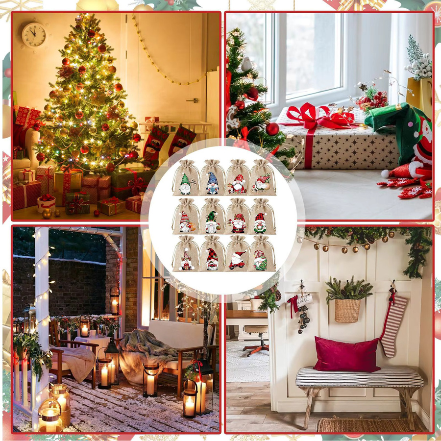12-teiliges Set Weihnachts-Süßigkeitstüten aus Jute mit Zwerg-Dekoration in Mehrfarbig für Weihnachten und Neujahr - Bild 4