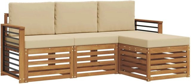 vidaXL Sofagarnitur 4-teilig aus Massivholz Akazie in Natur und Beige mit L-Form und Sitzkissen - Bild 1