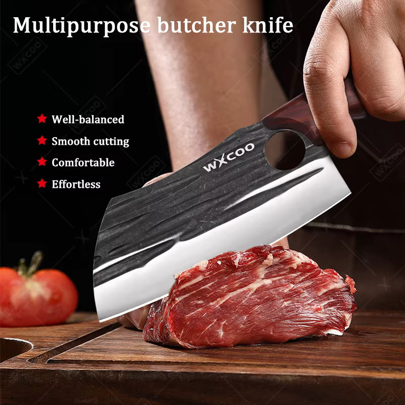 WXCOO Geschmiedetes Fleischbeil aus Edelstahl in Silber mit Holzgriff als Allzweck-Küchenmesser zum Schneiden und Kochen - Bild 2