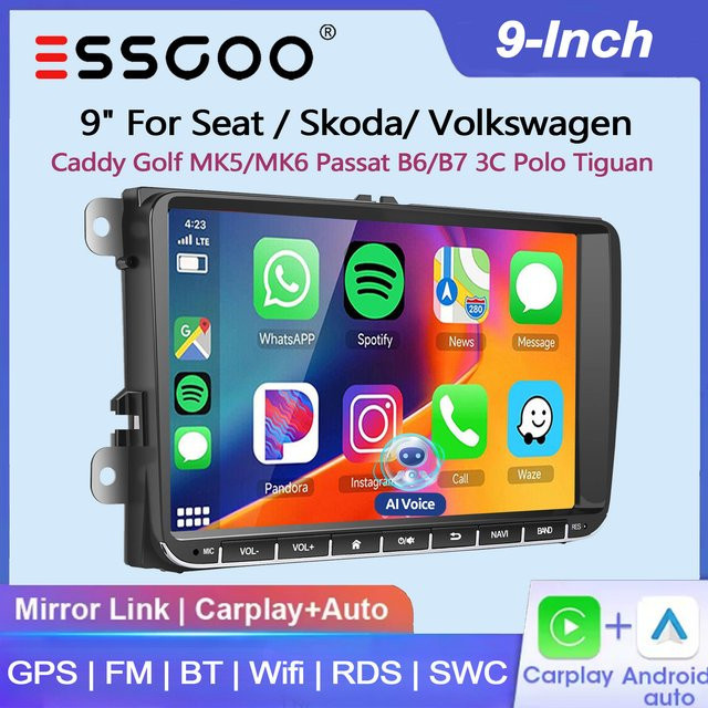 ESSGOO Android 15 Autoradio mit 9 Zoll Display, 64G Speicher, kabellosem Carplay, Android Auto und GPS-Navigation für SEAT SKODA VW Golf 5 6 Plus Tiguan Touran Polo Caddy EOS 6R Passat Jetta Rabbit T5 Sharan, Schwarz - Bild 1