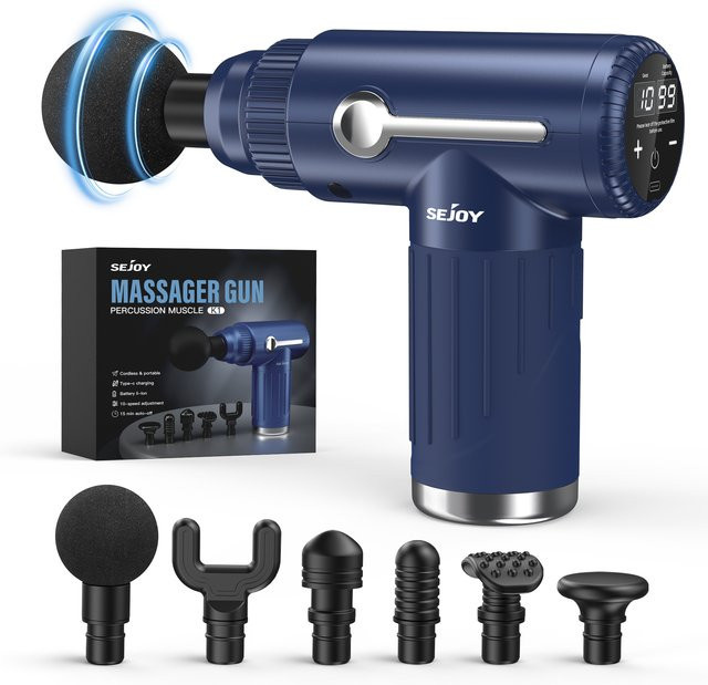 Sejoy Tragbare Faszienpistole Vibrationsmassagegerät in Blau mit 10 Geschwindigkeiten und 6 Massageköpfen zur tiefen Muskelentspannung für Körper, Nacken und Rücken - Bild 1