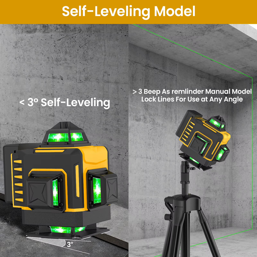 GECOFEER 16-Linien 4D Grüner Laser-Nivellierer mit 360 Grad horizontaler und vertikaler Kreuzlinien-Messfunktion und magnetischer Wandhalterung in Grün und Gelb - Bild 4