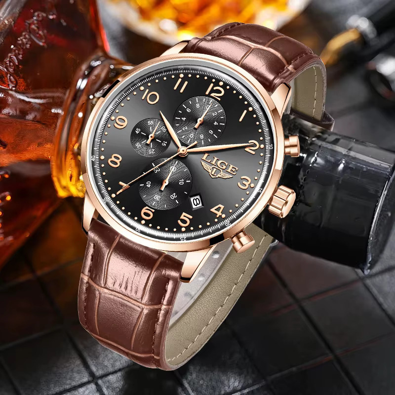 LIGE Armbanduhr Quarz, Leder, Schwarz, Roségold, Herren - Bild 4