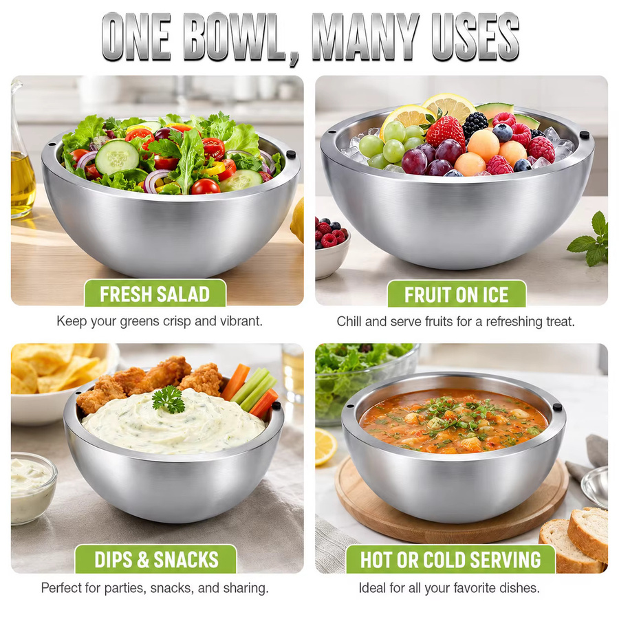Isolierte Edelstahl Dip-Chiller Schüssel von PGY in Silber, doppelwandige Eis-Kühl-Servierschüssel für Obstsalat und Dips, Durchmesser: 16 cm - Bild 3